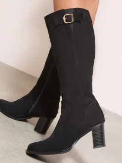 Friends Like These Black Standard fit Standard / Wide Fit Faux Suede Mid Heel Buckle Smart Knee High Boots