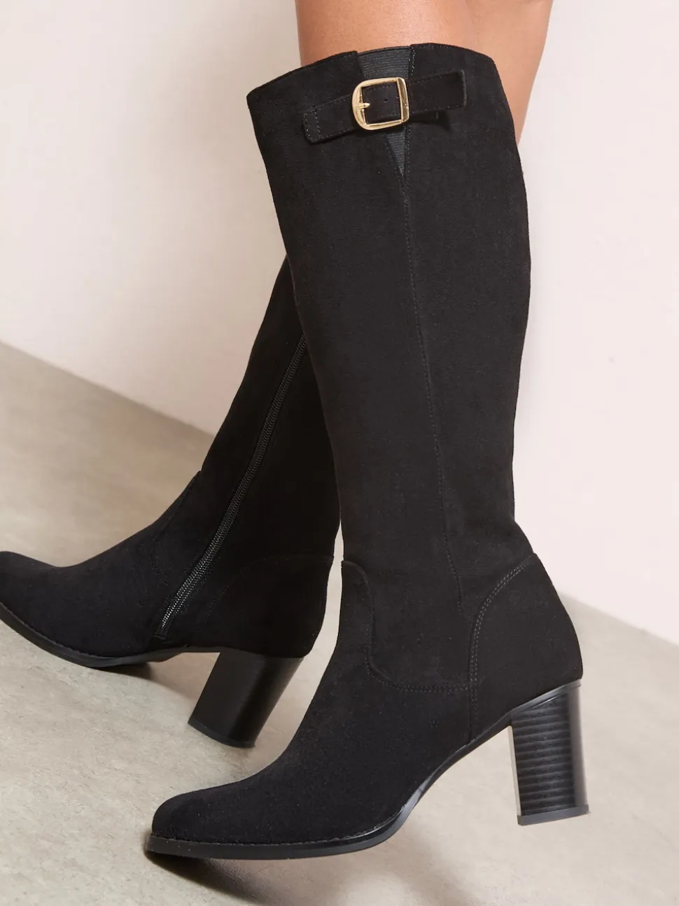 Friends Like These Black Standard fit Standard / Wide Fit Faux Suede Mid Heel Buckle Smart Knee High Boots