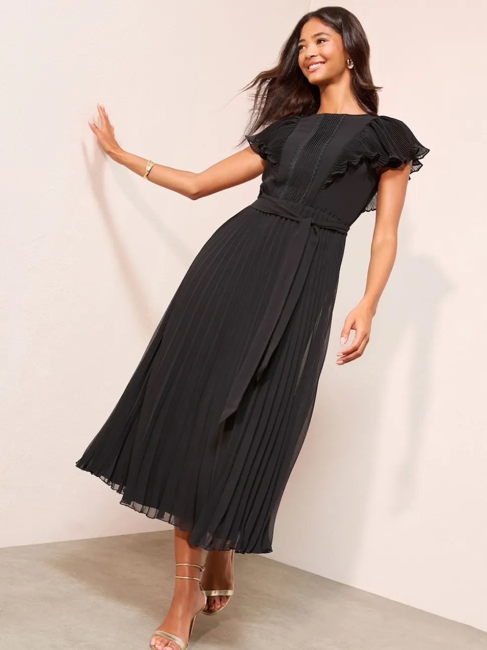 Friends Like These Black Chiffon Pleated Lace Insert Midi Dress