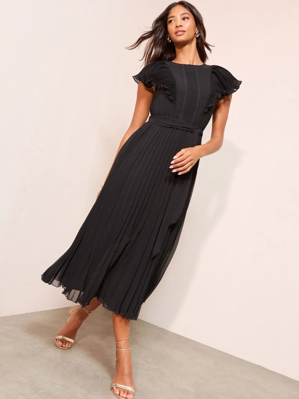 Friends Like These Black Chiffon Pleated Lace Insert Midi Dress