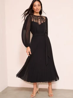 Friends Like These Black Petite Lace Yoke Long Sleeve Pleated Chiffon Midi Dress