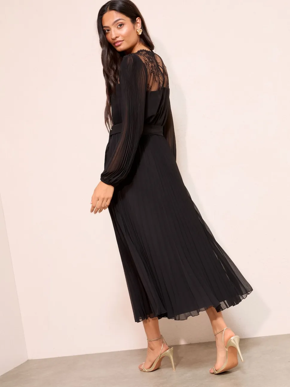 Friends Like These Black Petite Lace Yoke Long Sleeve Pleated Chiffon Midi Dress
