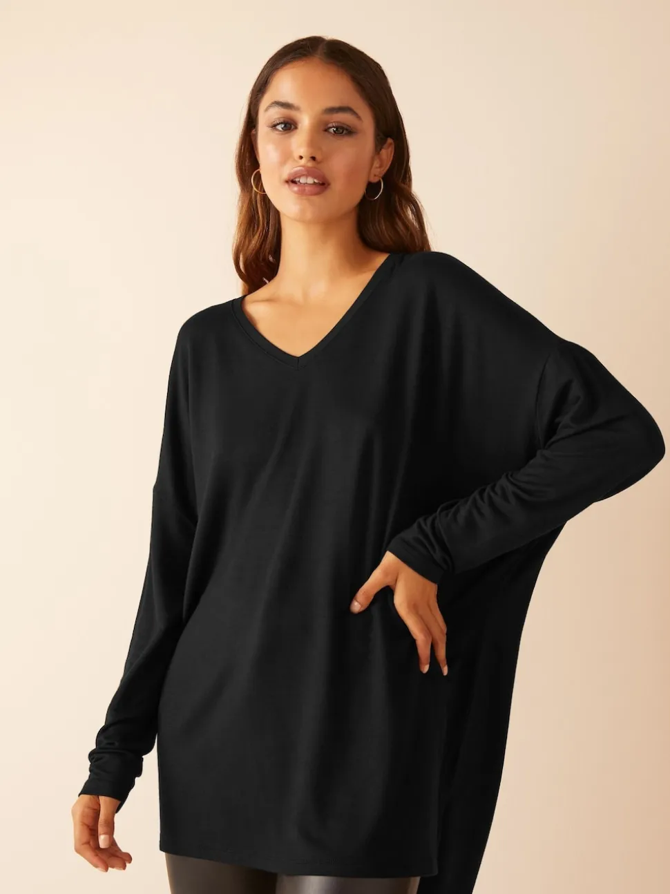 Friends Like These Black Soft Jersey V-Neck Long Sleeve Tunic Top