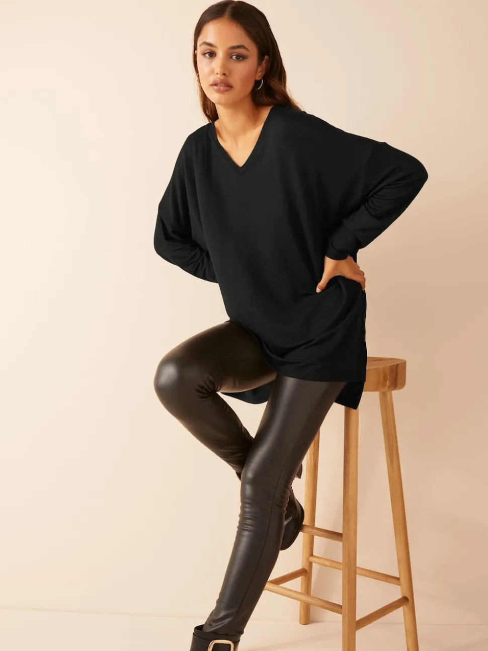 Friends Like These Black Soft Jersey V-Neck Long Sleeve Tunic Top