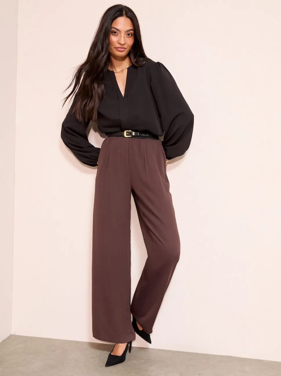 Friends Like These Black Long Sleeve Pleat Front Detail Blouse