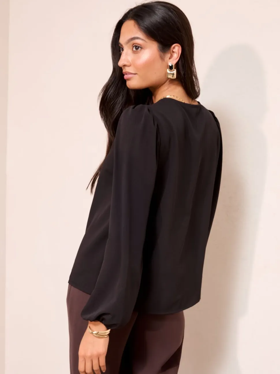Friends Like These Black Long Sleeve Pleat Front Detail Blouse