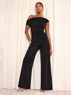 Friends Like These Black Petite Off The Shoulder Scuba Wide Leg Jumpsuit