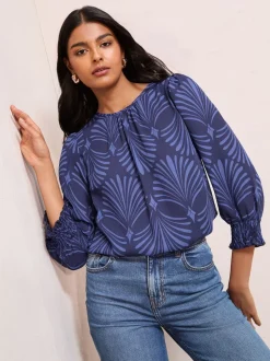 Friends Like These Blue Fan Print 3/4 Sleeve Shirred Cuff Blouse