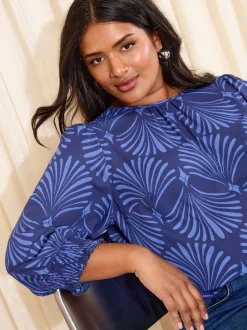 Friends Like These Blue Fan Print Curve 3/4 Sleeve Shirred Cuff Blouse