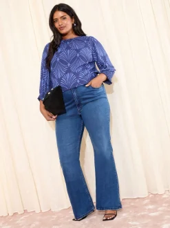 Friends Like These Blue Fan Print Curve 3/4 Sleeve Shirred Cuff Blouse