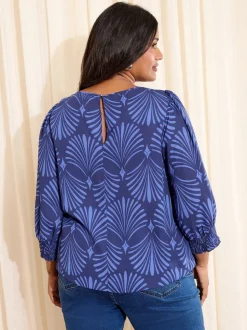 Friends Like These Blue Fan Print Curve 3/4 Sleeve Shirred Cuff Blouse