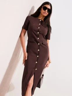 Friends Like These Brown Sculpting Stretch Button Midi Dress