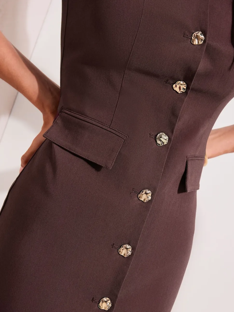Friends Like These Brown Sculpting Stretch Button Midi Dress