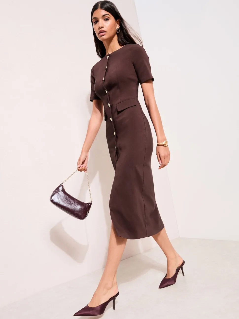 Friends Like These Brown Sculpting Stretch Button Midi Dress