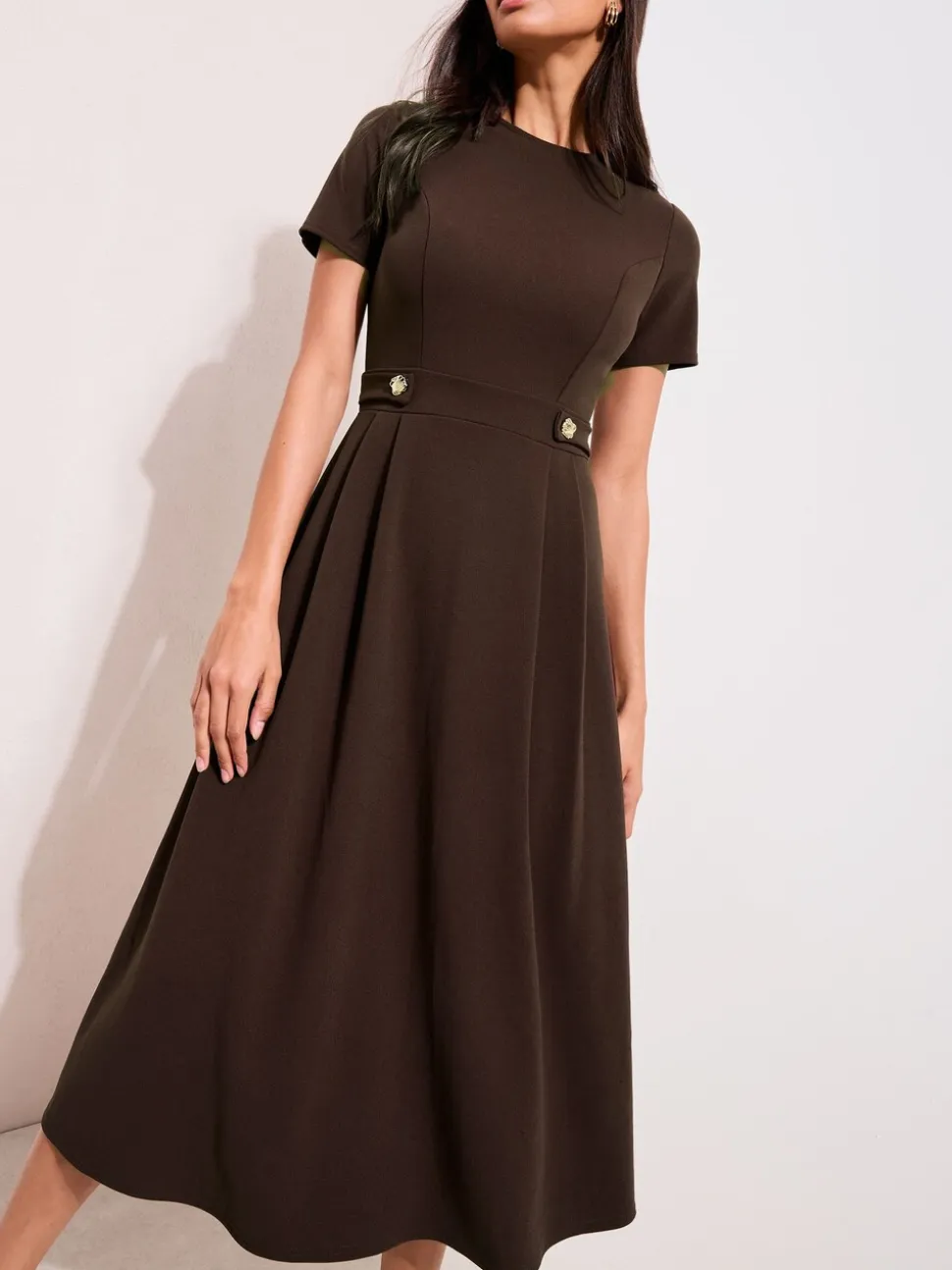 Friends Like These Brown Petite Tab Detail Short Sleeve Midi Tailored Dress