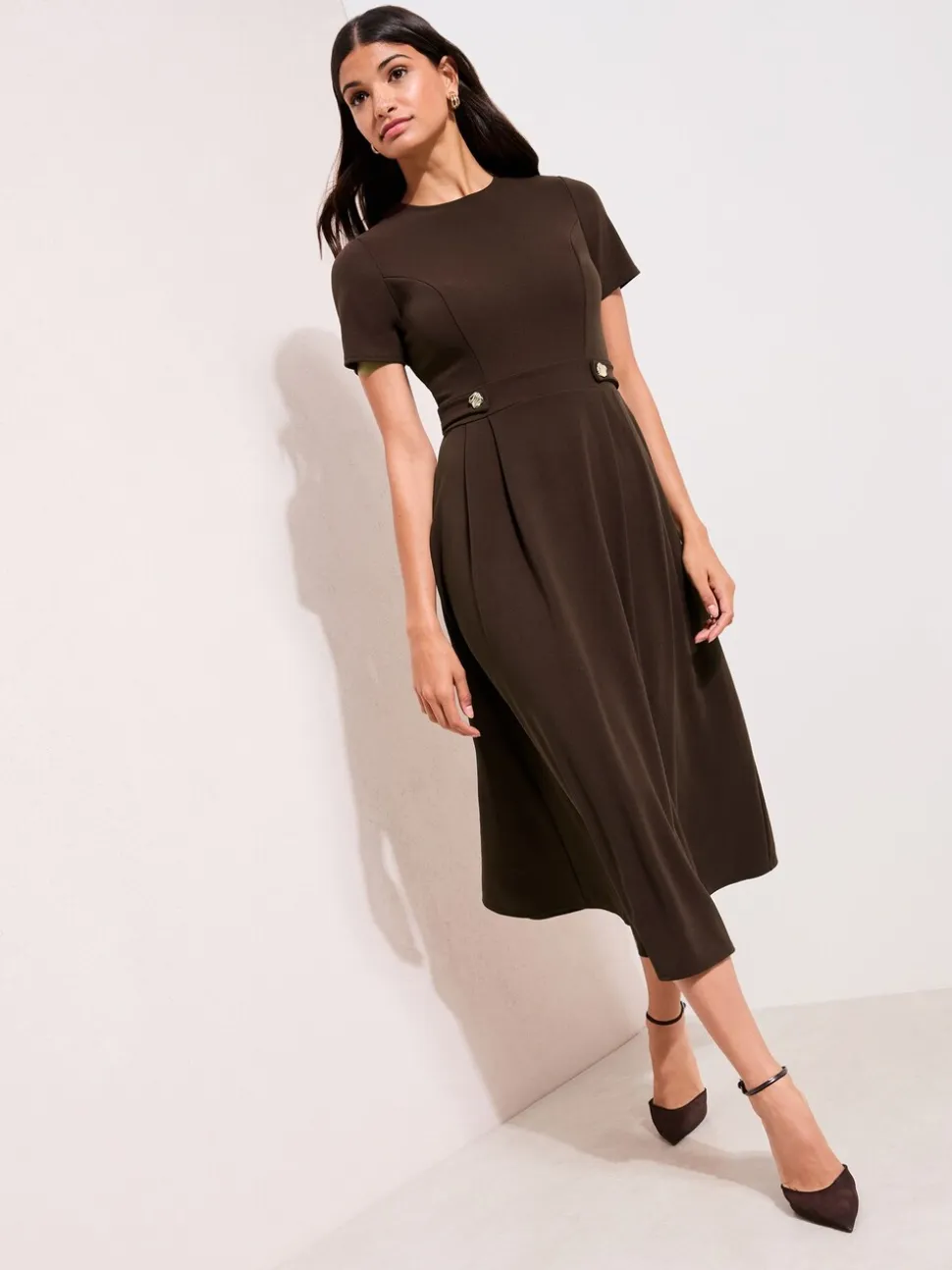 Friends Like These Brown Petite Tab Detail Short Sleeve Midi Tailored Dress