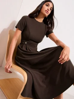 Friends Like These Brown Petite Tab Detail Short Sleeve Midi Tailored Dress