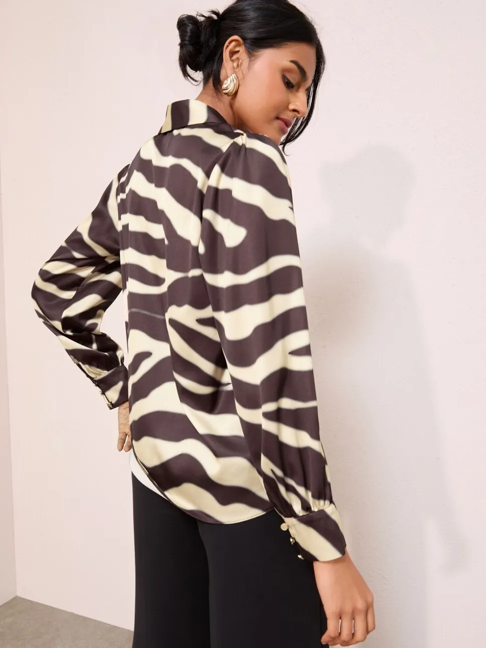 Friends Like These Brown Zebra Print Long Sleeve Button Detail Collared Blouse