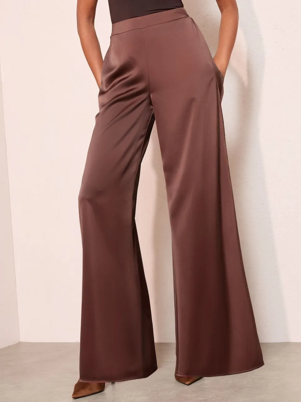 Friends Like These Brown Super Wide Leg Satin Trousers