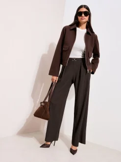Friends Like These Brown Petite Crinkle Jersey Wide Leg Trousers with Buckle Front
