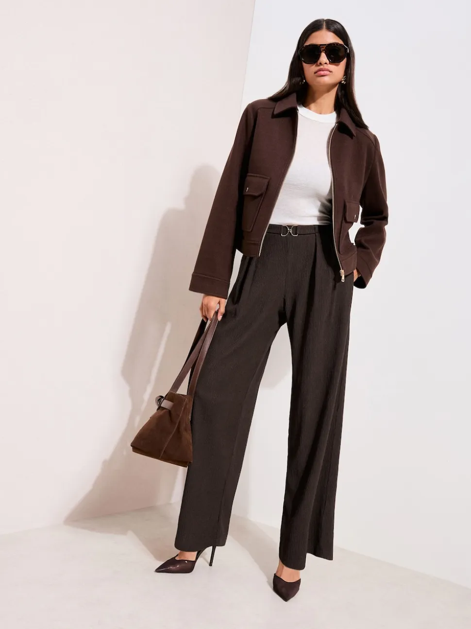 Friends Like These Brown Petite Crinkle Jersey Wide Leg Trousers with Buckle Front