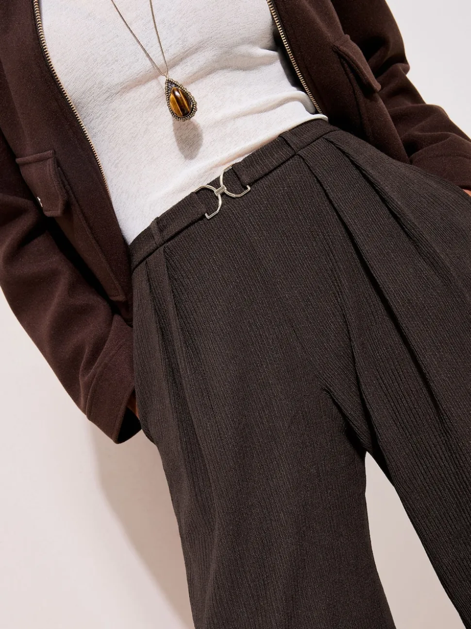 Friends Like These Brown Petite Crinkle Jersey Wide Leg Trousers with Buckle Front
