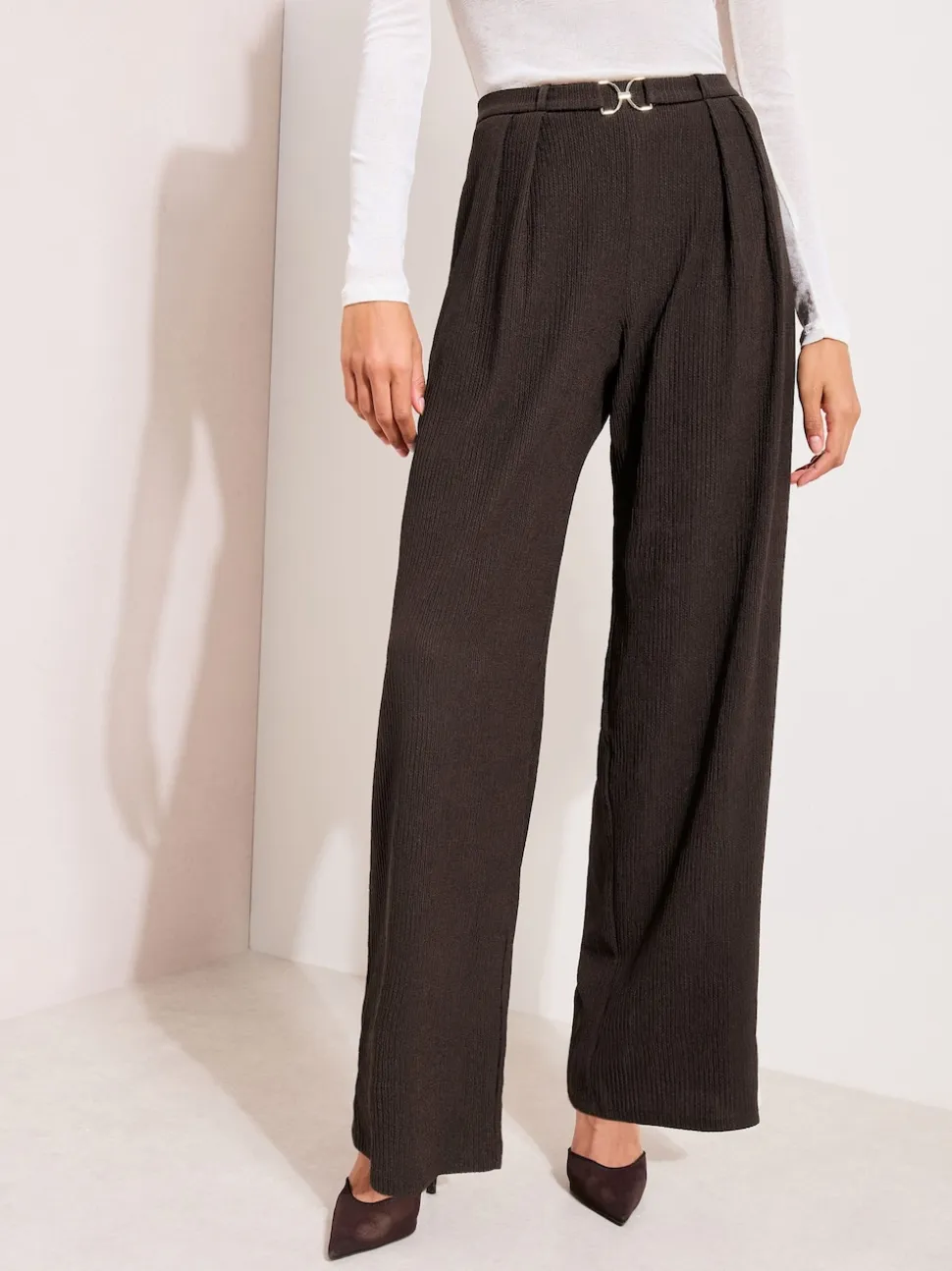 Friends Like These Brown Petite Crinkle Jersey Wide Leg Trousers with Buckle Front