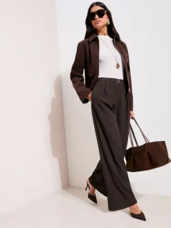Friends Like These Brown Petite Crinkle Jersey Wide Leg Trousers with Buckle Front
