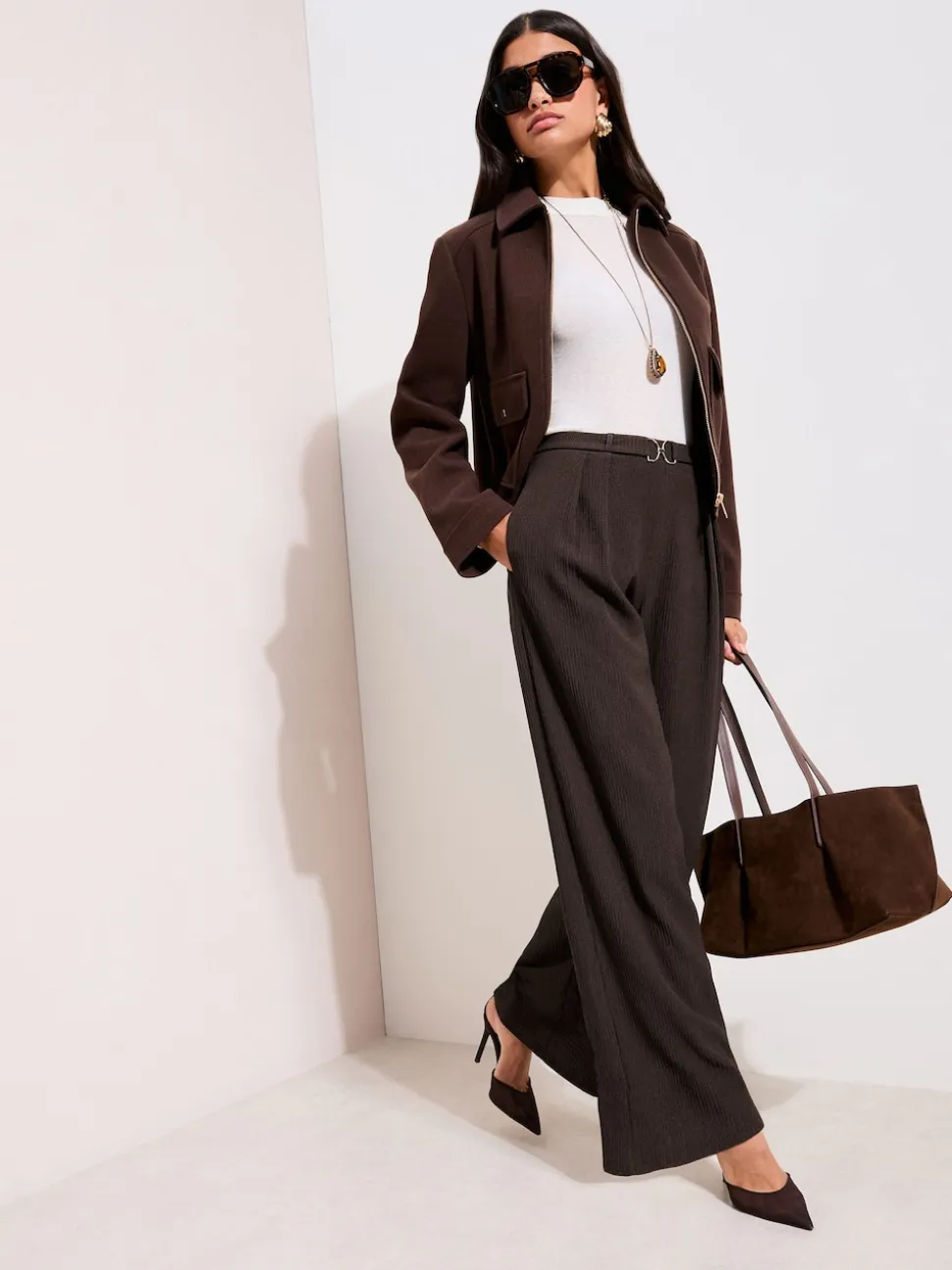 Friends Like These Brown Petite Crinkle Jersey Wide Leg Trousers with Buckle Front