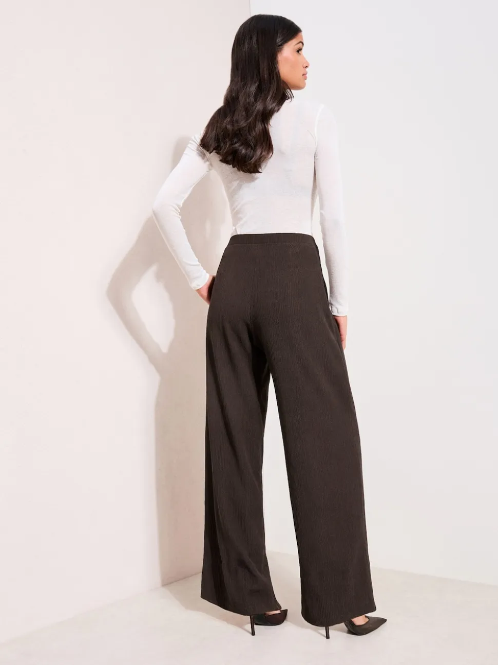 Friends Like These Brown Petite Crinkle Jersey Wide Leg Trousers with Buckle Front
