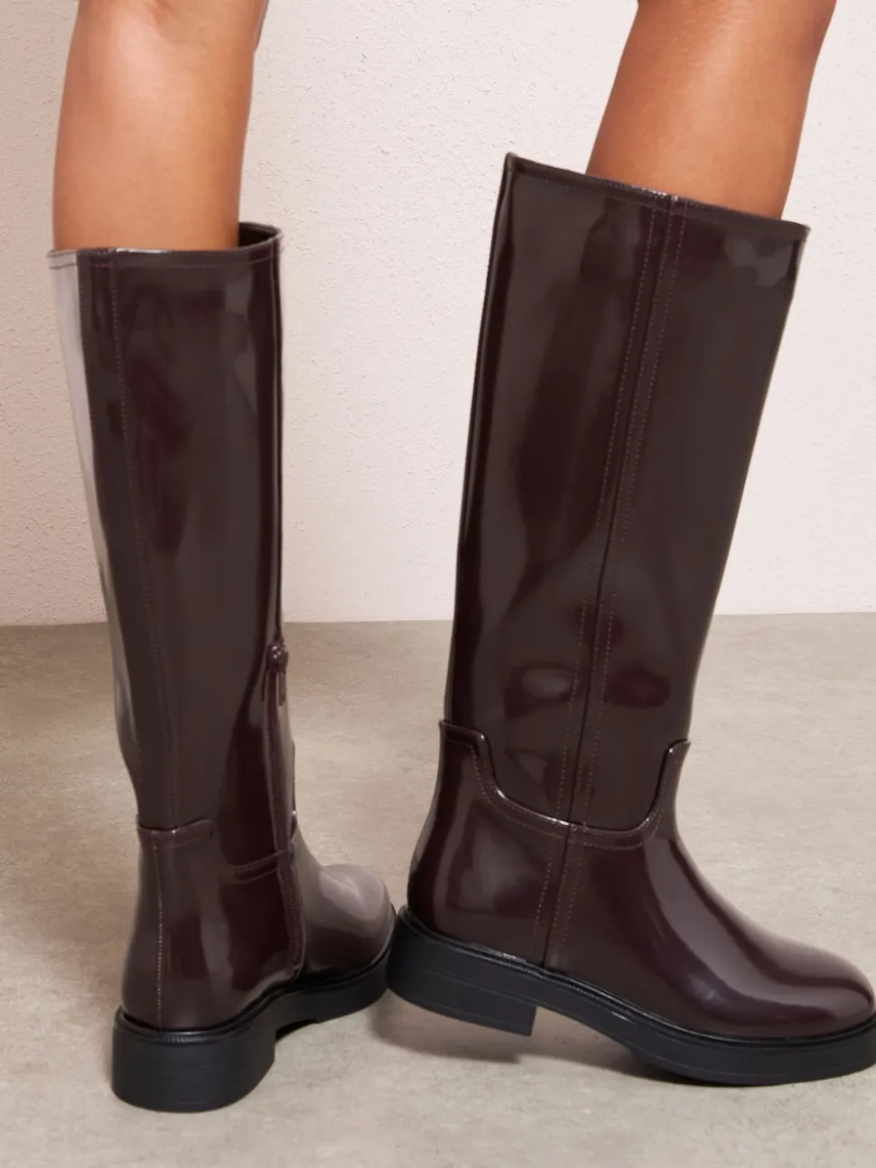 Friends Like These Burgundy Red Wide Fit Faux Leather Casual Flat Pull On Knee High Long Riding Boots