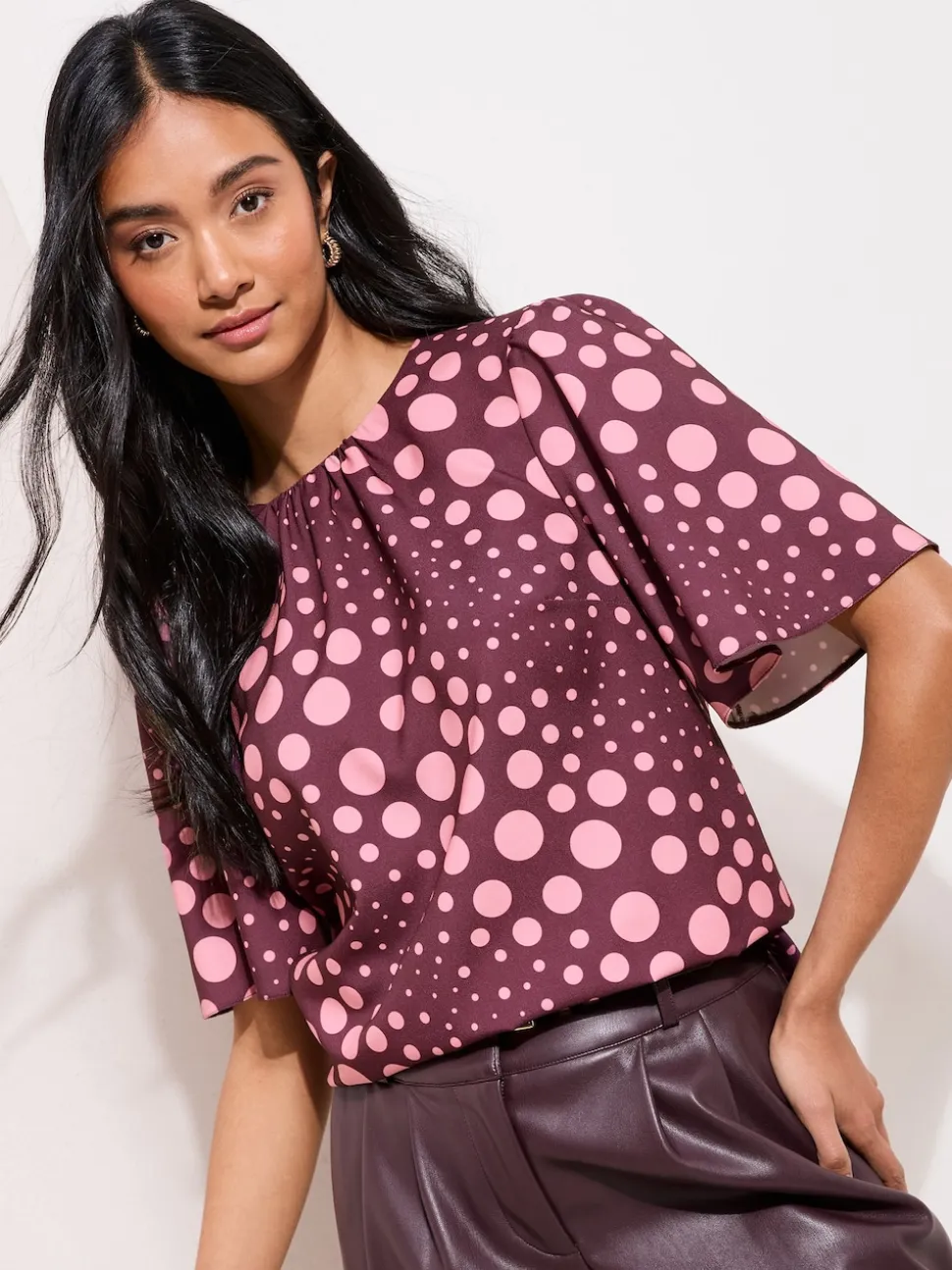 Friends Like These Burgundy Spot Short Sleeve Tie Back Blouse