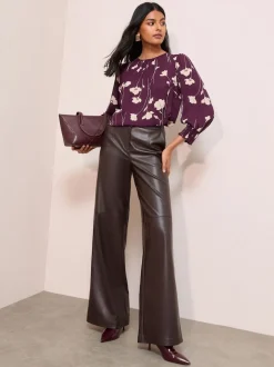 Friends Like These Burgundy Floral Print 3/4 Sleeve Shirred Cuff Blouse