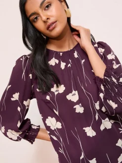 Friends Like These Burgundy Floral Print 3/4 Sleeve Shirred Cuff Blouse