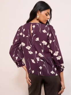 Friends Like These Burgundy Floral Print 3/4 Sleeve Shirred Cuff Blouse