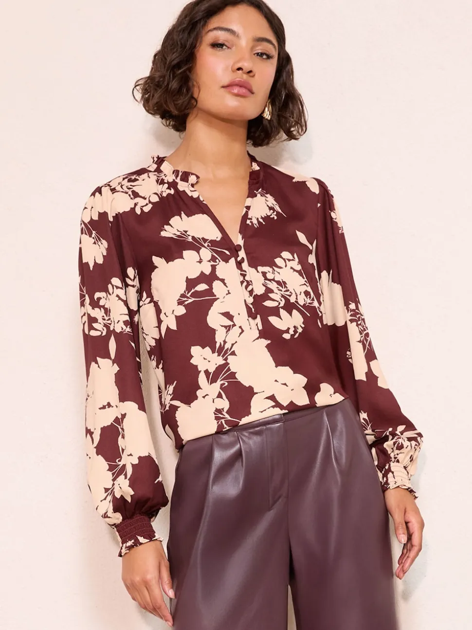 Friends Like These Burgundy Floral Long Sleeve V-Neck Button Front Blouse