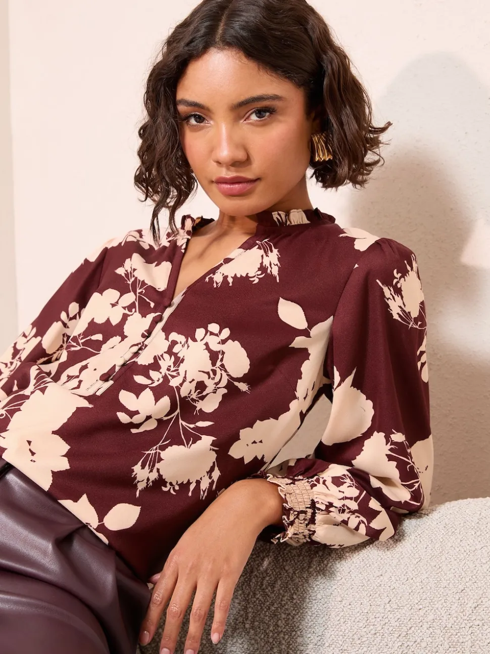 Friends Like These Burgundy Floral Long Sleeve V-Neck Button Front Blouse