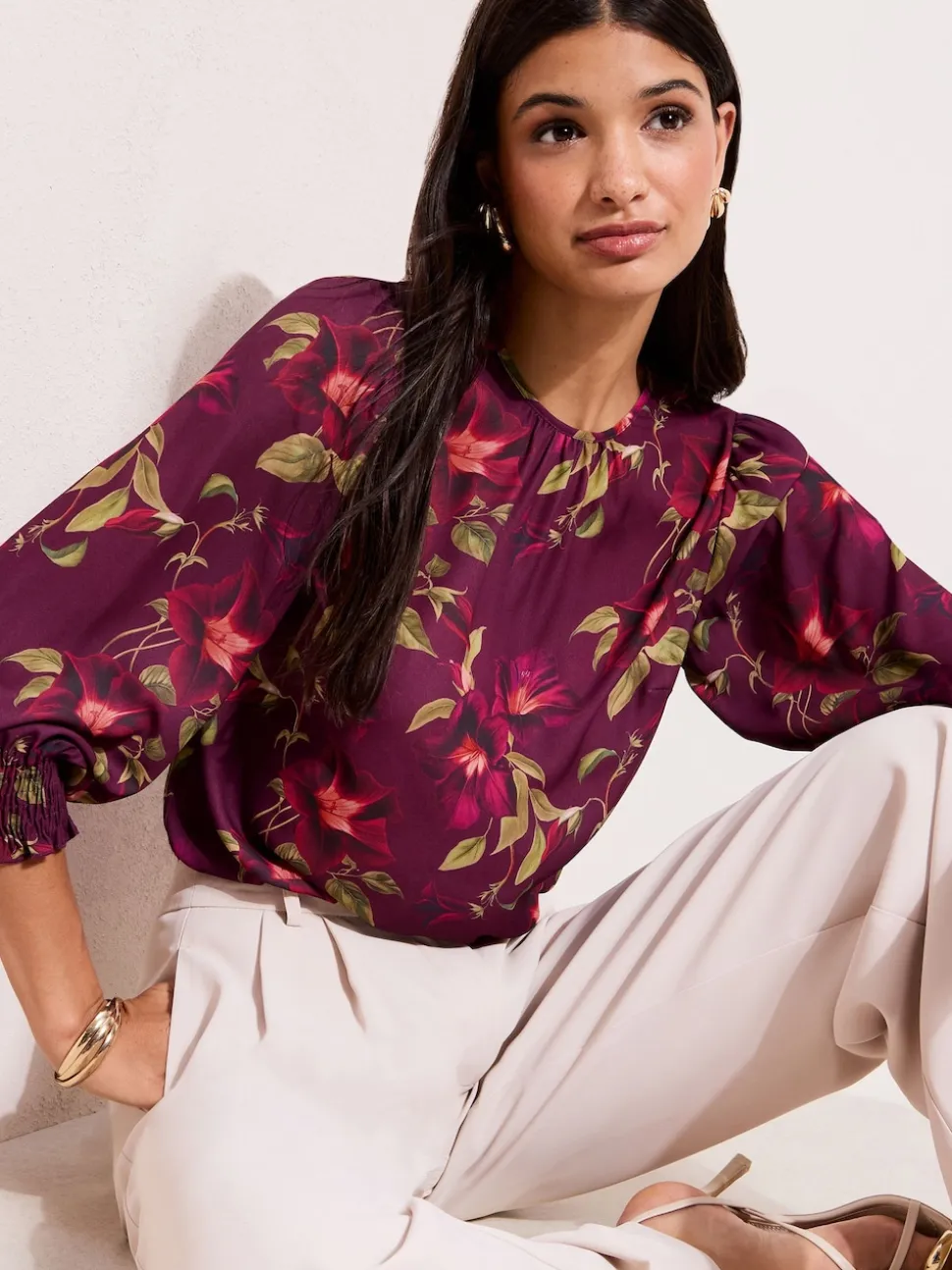 Friends Like These Burgundy Floral 3/4 Sleeve Shirred Cuff Blouse