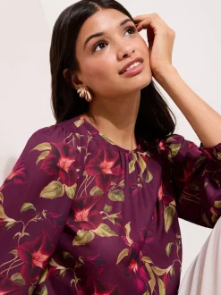 Friends Like These Burgundy Floral 3/4 Sleeve Shirred Cuff Blouse