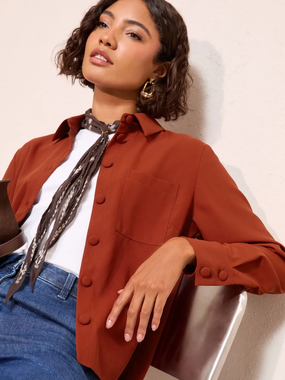 Friends Like These Burnt Orange Boxy Covered Button Shirt