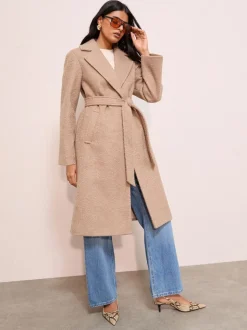 Friends Like These Camel Petite Wrap Belted Boucle Textured Midi Coat