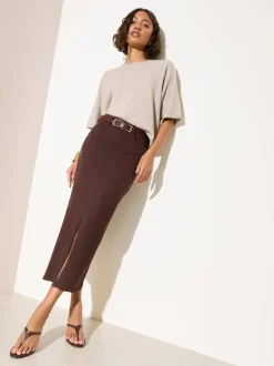 Friends Like These Chocolate Brown Split Front Denim Midi Skirt