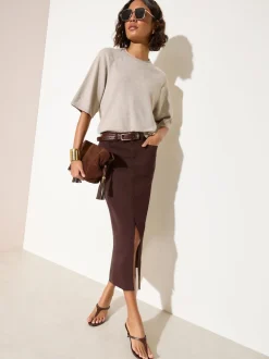 Friends Like These Chocolate Brown Split Front Denim Midi Skirt