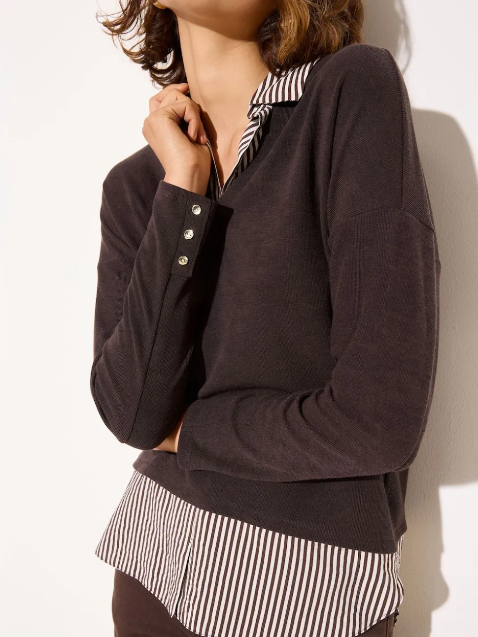 Friends Like These Chocolate 2 in1 Button Shoulder Poplin Jersey Jumper
