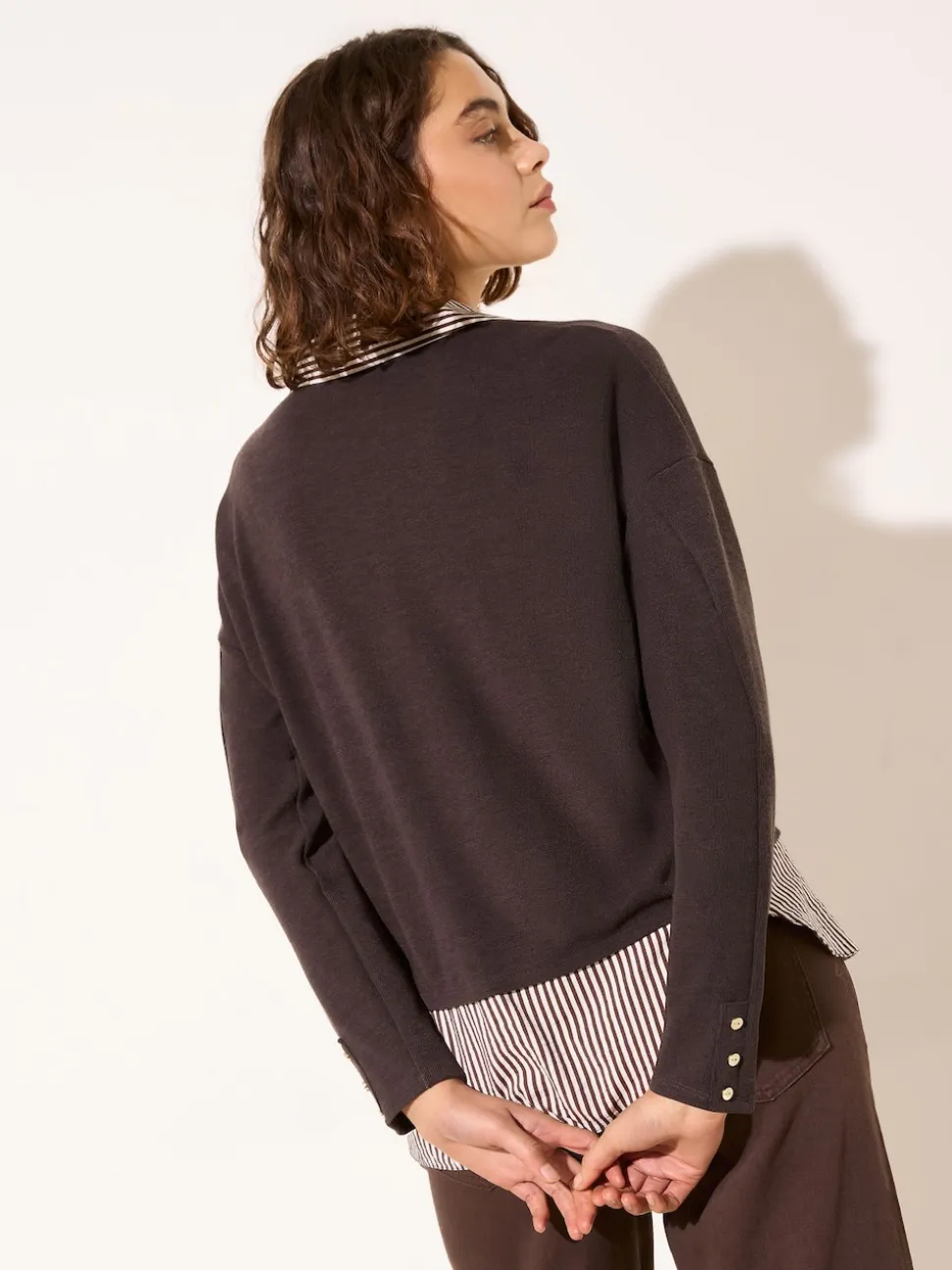 Friends Like These Chocolate 2 in1 Button Shoulder Poplin Jersey Jumper