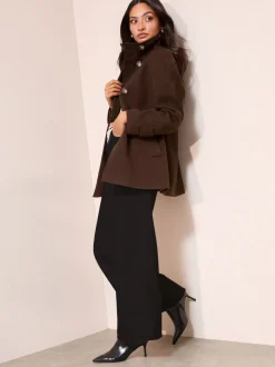 Friends Like These Chocolate Brown Funnel Neck Button Front Mid Length Coat