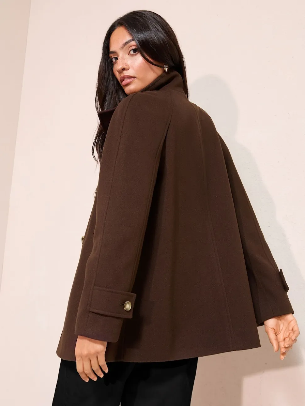 Friends Like These Chocolate Brown Funnel Neck Button Front Mid Length Coat