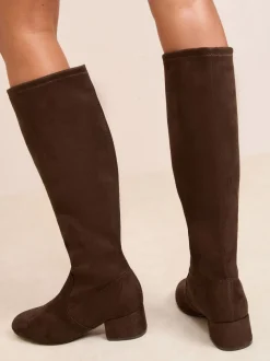 Friends Like These Chocolate Brown Wide Fit Low Block Heel Faux Suede Knee High Sock Boots
