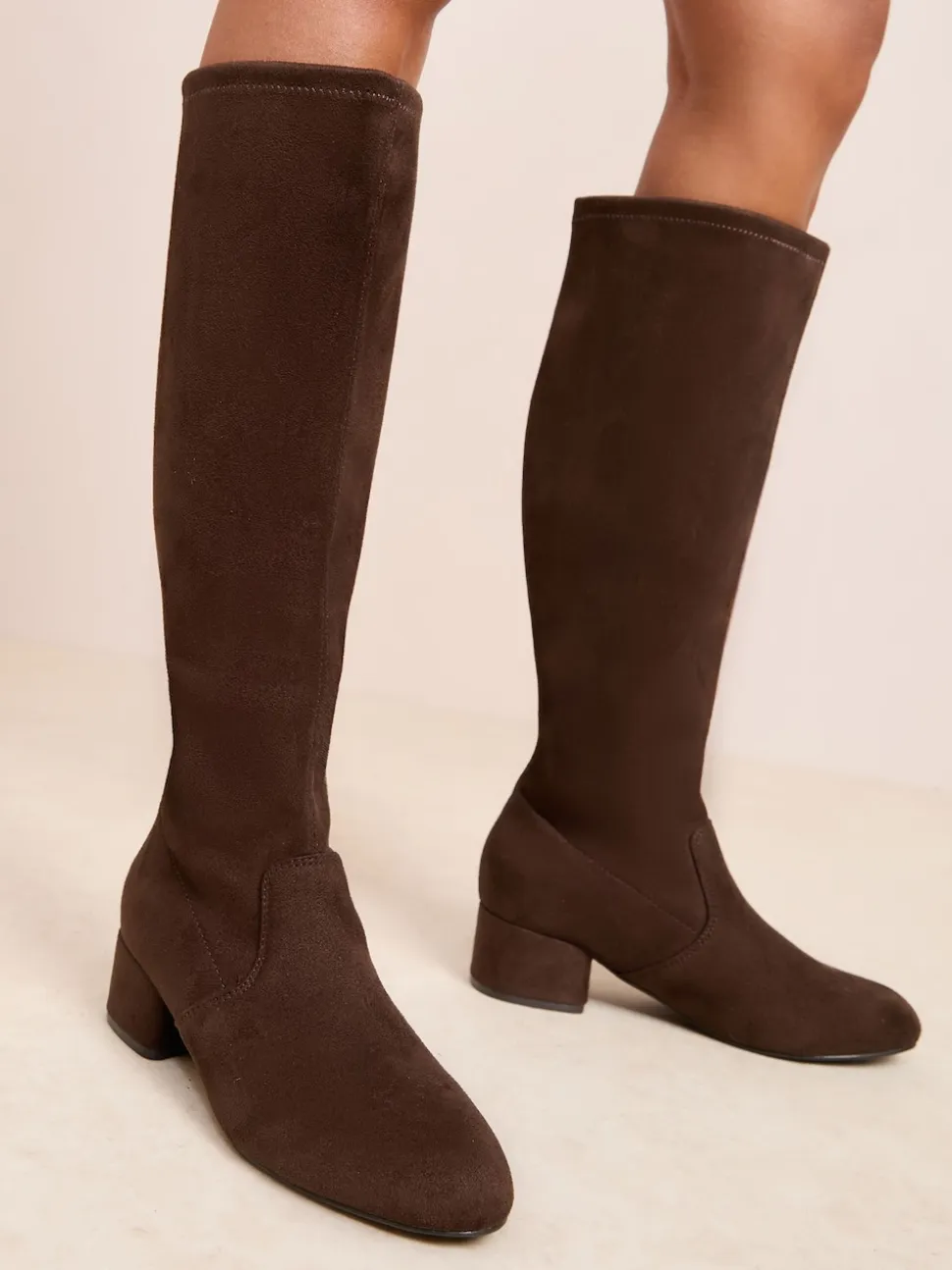 Friends Like These Chocolate Brown Wide Fit Low Block Heel Faux Suede Knee High Sock Boots