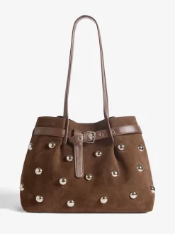 Friends Like These Chocolate Brown Faux Suede Studded Tote Bag